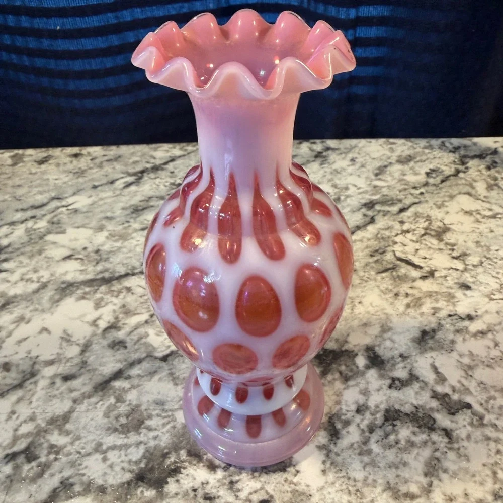 Vintage Pink Cranberry Opalescent Coin Dot Glass Vase Ruffled Rim 7 Inch